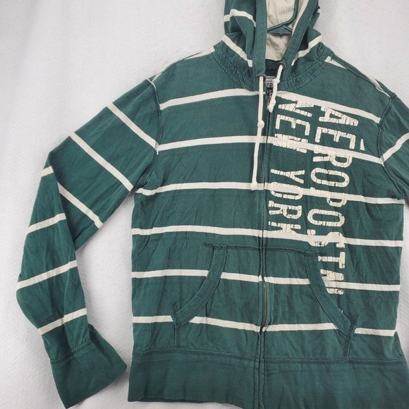 Aeropostale Sweatshirt Men's L/S Full Zip Striped w/Text Hooded Green Medium - Picture 4 of 12